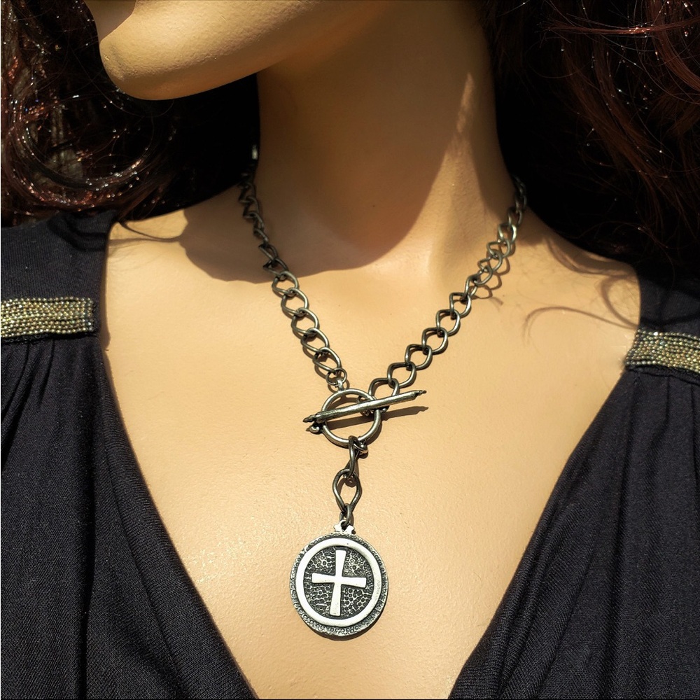 Vintage Cross Necklace, Round Pewter Cross Pendant, Victorian Gothic Style
